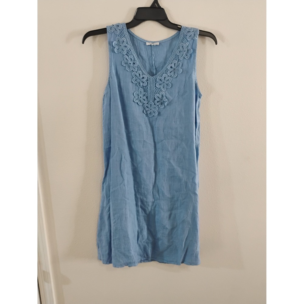 Rosemarine Made in Italy Blue Linen Crochet Lace V-Neck Shift Dress Small